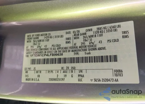 2020 Ford F-150 Xlt z USA, uszkodzony, nr VIN 1FTEW1CP4LFB99638